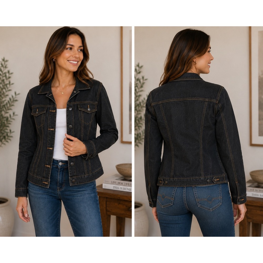 BCBG Max Azria Jeans Metallic Sparkle Denim Jacket Black Dark Wash Women Medium